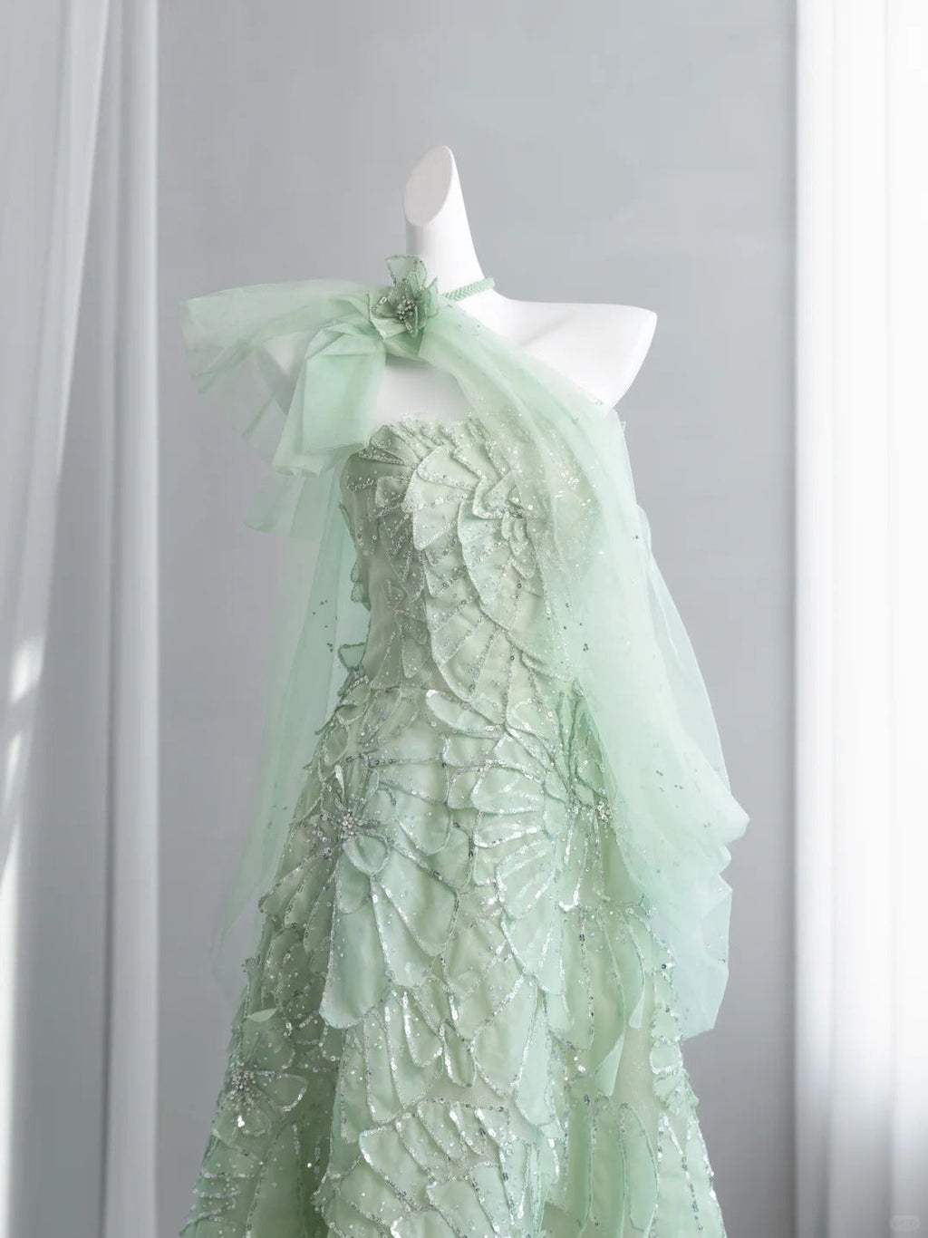 Vibrant Sequins Green Prom Dress Strapless A-Line Floral Evening Dress CY0012
