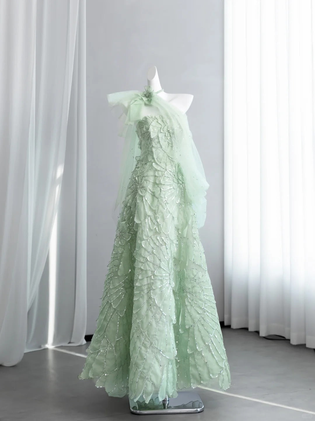 Vibrant Sequins Green Prom Dress Strapless A-Line Floral Evening Dress CY0012