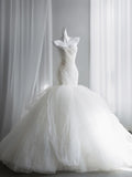 Alluring White Tulle Wedding Dress Strapless Mermaid Bridal Gowns CY0017