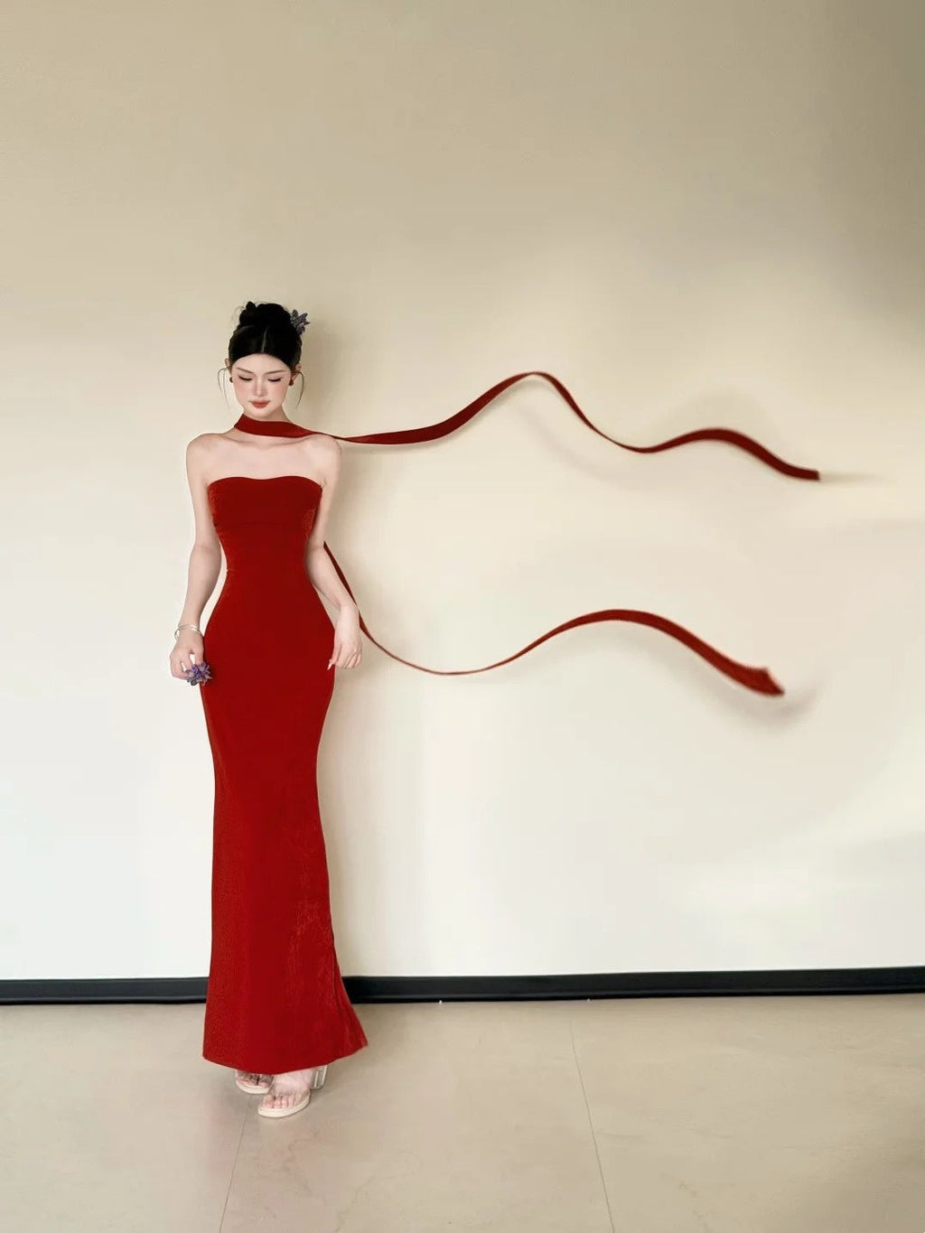 Simple Strapless Red Prom Dress With Scarf Mermaid Evening Dress CY0026