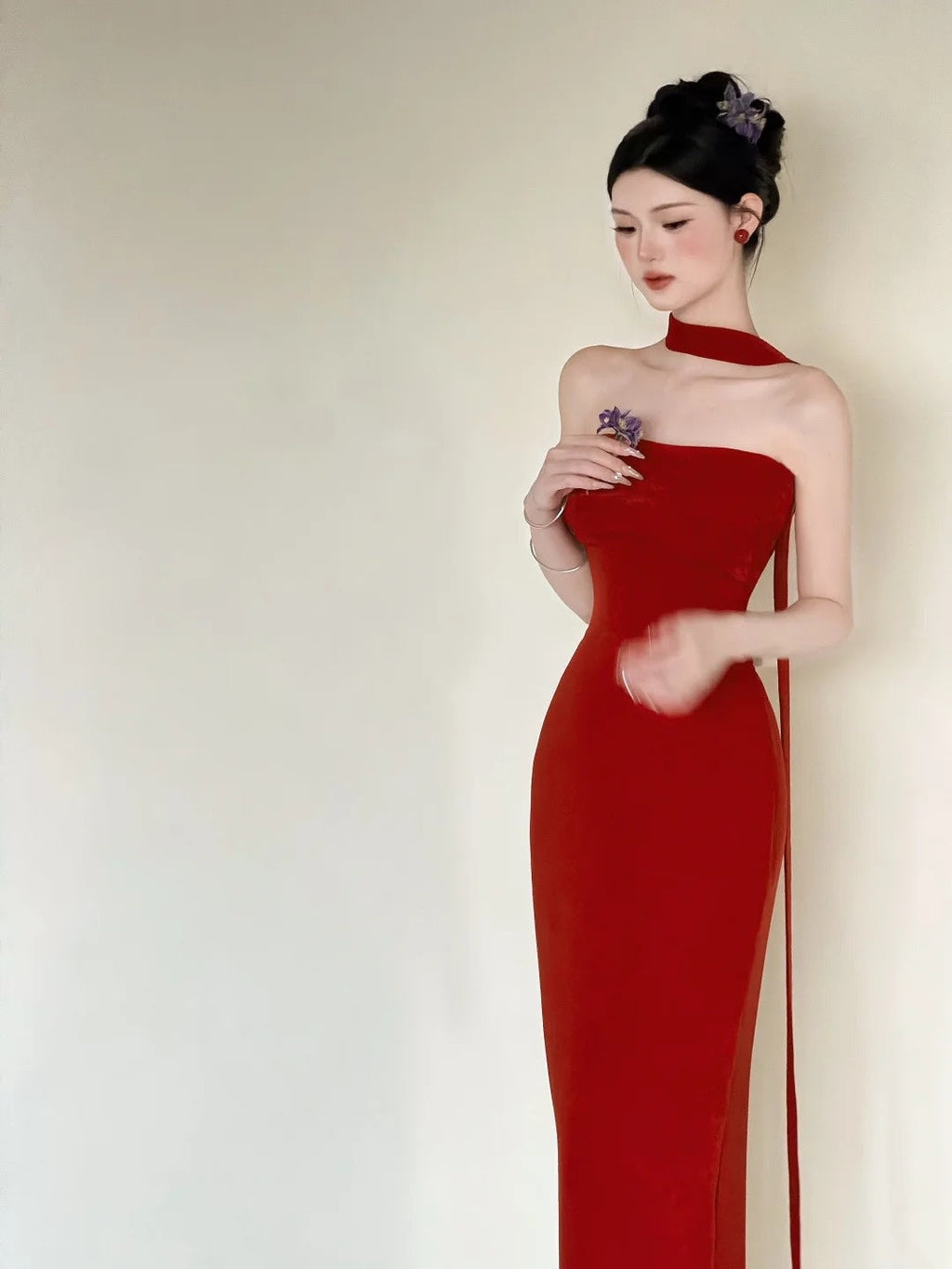 Simple Strapless Red Prom Dress With Scarf Mermaid Evening Dress CY0026