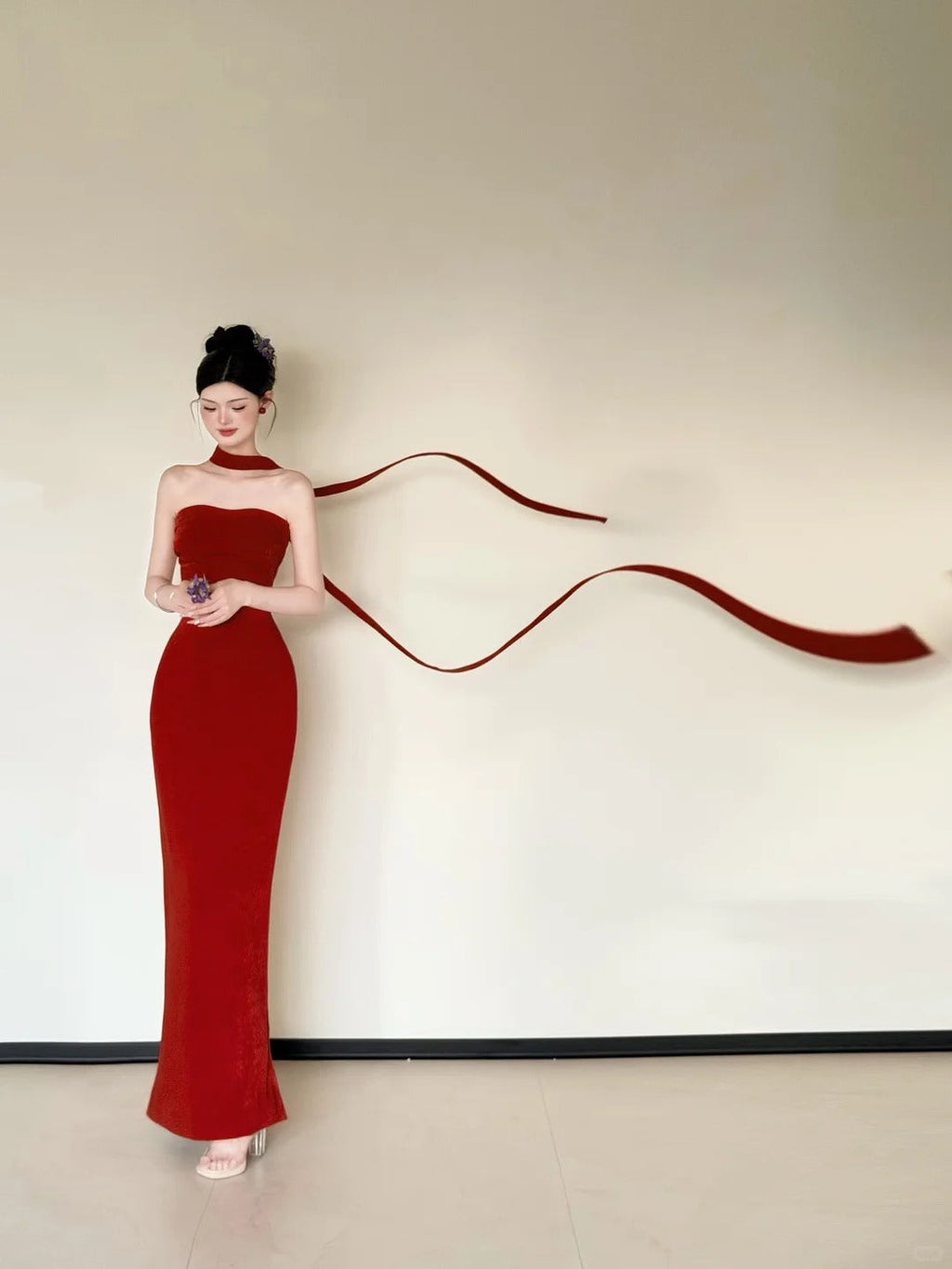 Simple Strapless Red Prom Dress With Scarf Mermaid Evening Dress CY0026