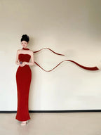 Simple Strapless Red Prom Dress With Scarf Mermaid Evening Dress CY0026