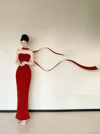 Simple Strapless Red Prom Dress With Scarf Mermaid Evening Dress CY0026