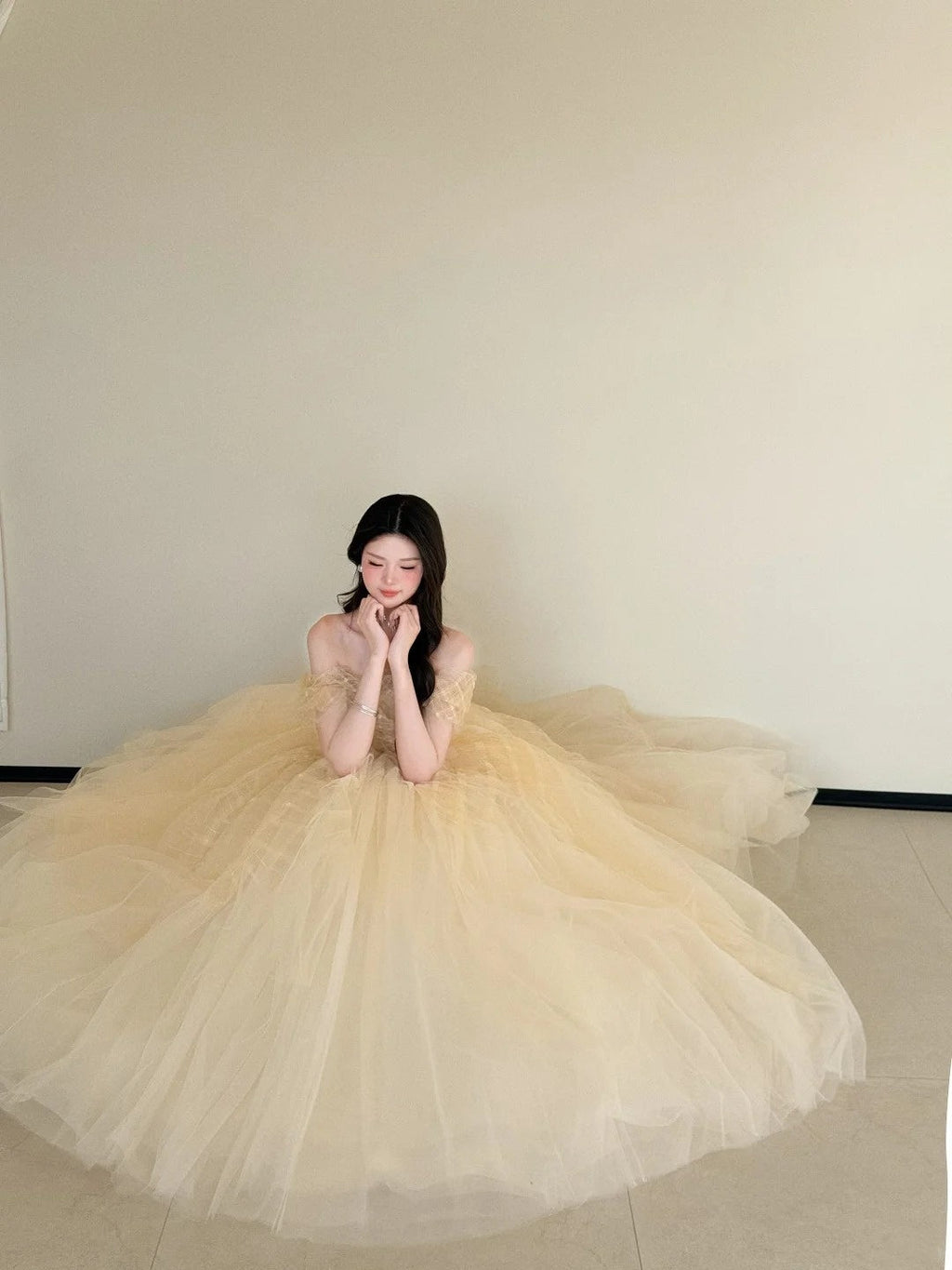 Enchanting Off-the-Shoulder Yellow Sweet 16 Dress Tulle A-Line Long Evening Gowns CY0031