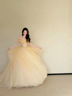 Enchanting Off-the-Shoulder Yellow Sweet 16 Dress Tulle A-Line Long Evening Gowns CY0031