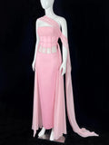 Y2K Style One Shoulder Sheath Prom Dress Pink Evening Dress CY0039