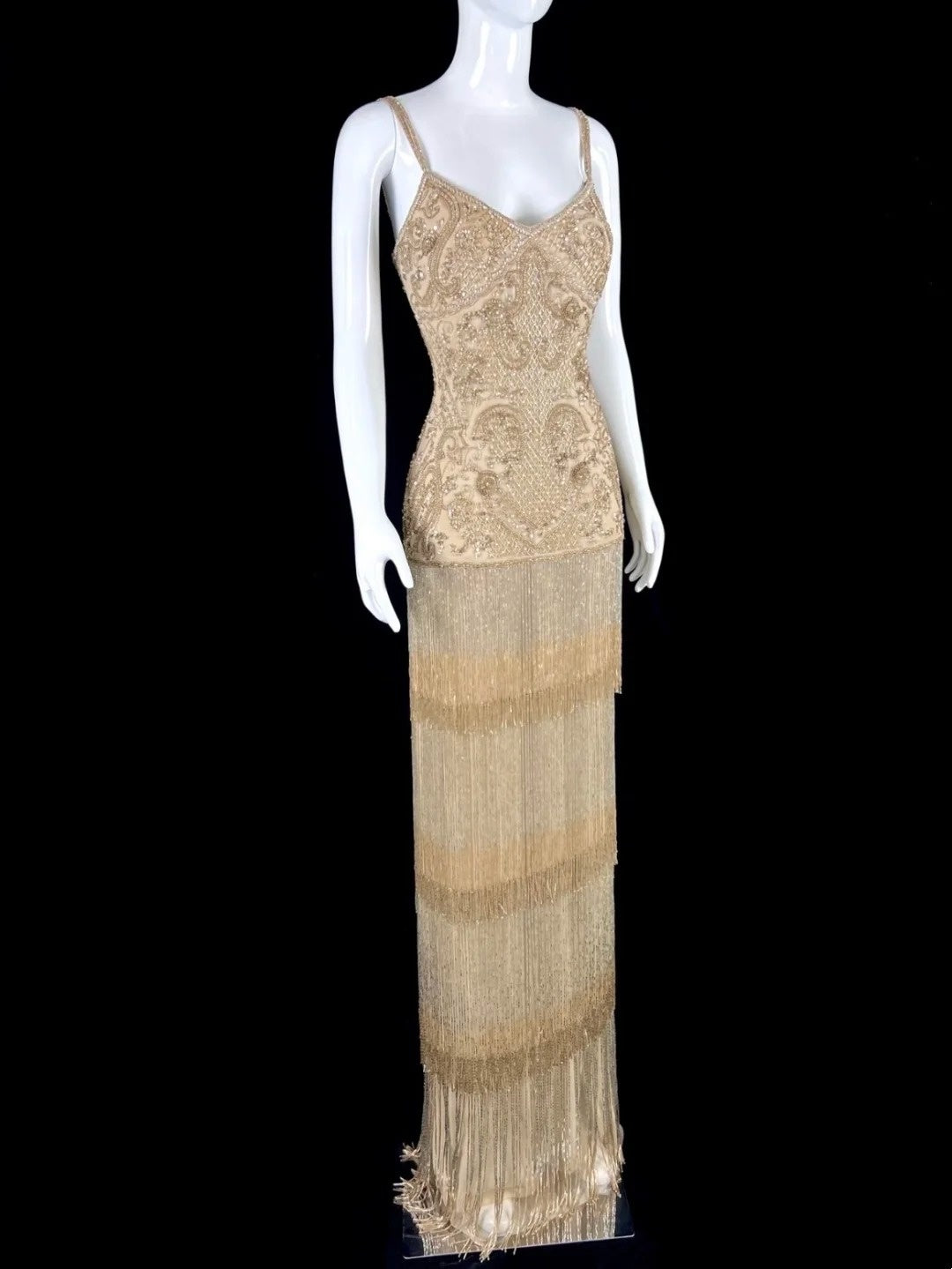 Attractive Spaghetti Straps Gold Prom Dress Tassel Sequins Evening Dress CY0040