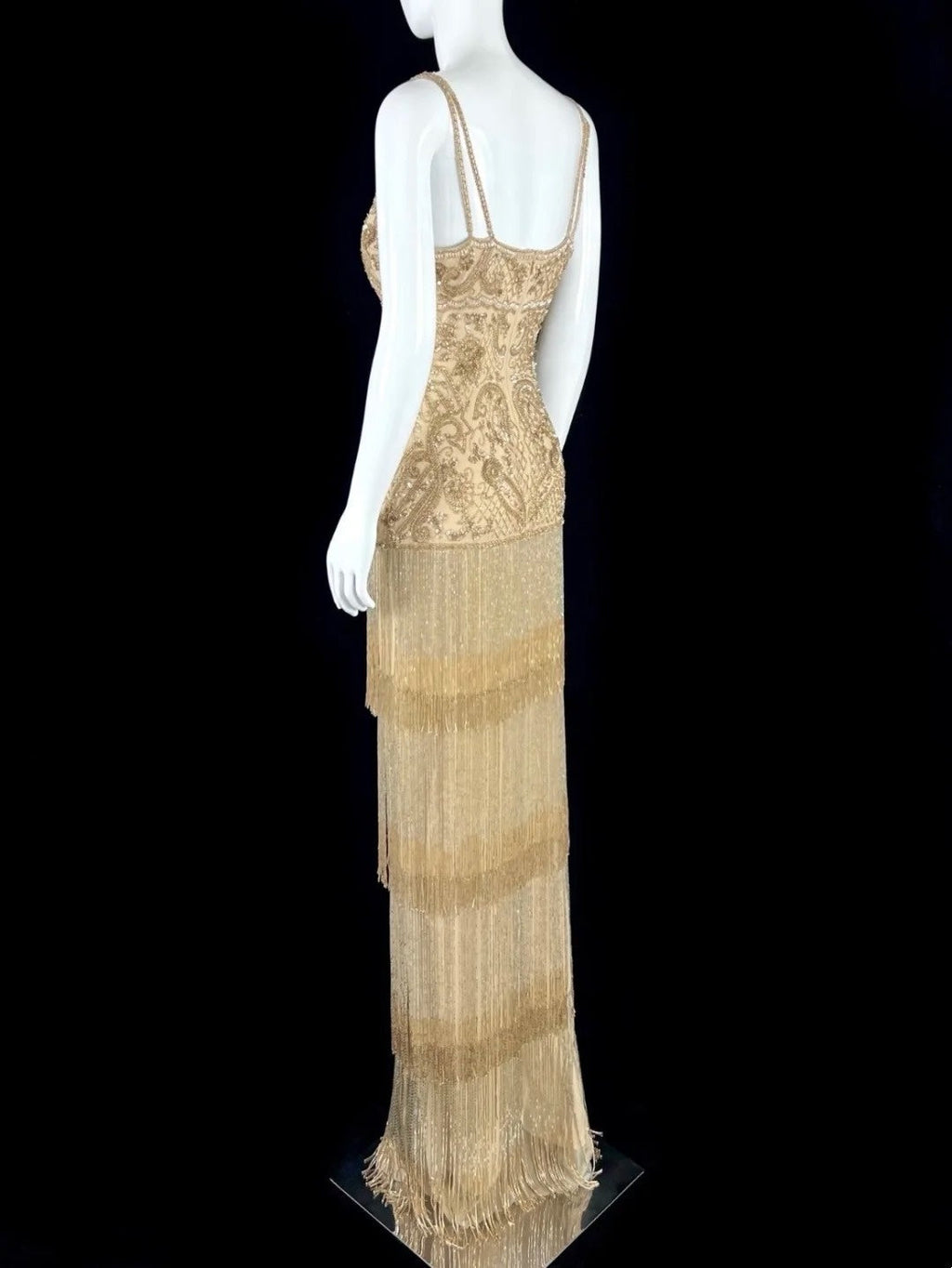 Attractive Spaghetti Straps Gold Prom Dress Tassel Sequins Evening Dress CY0040