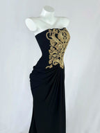 Fancy Strapless Black Prom Dress Ruched Appliques Sheath Evening Dress CY0043
