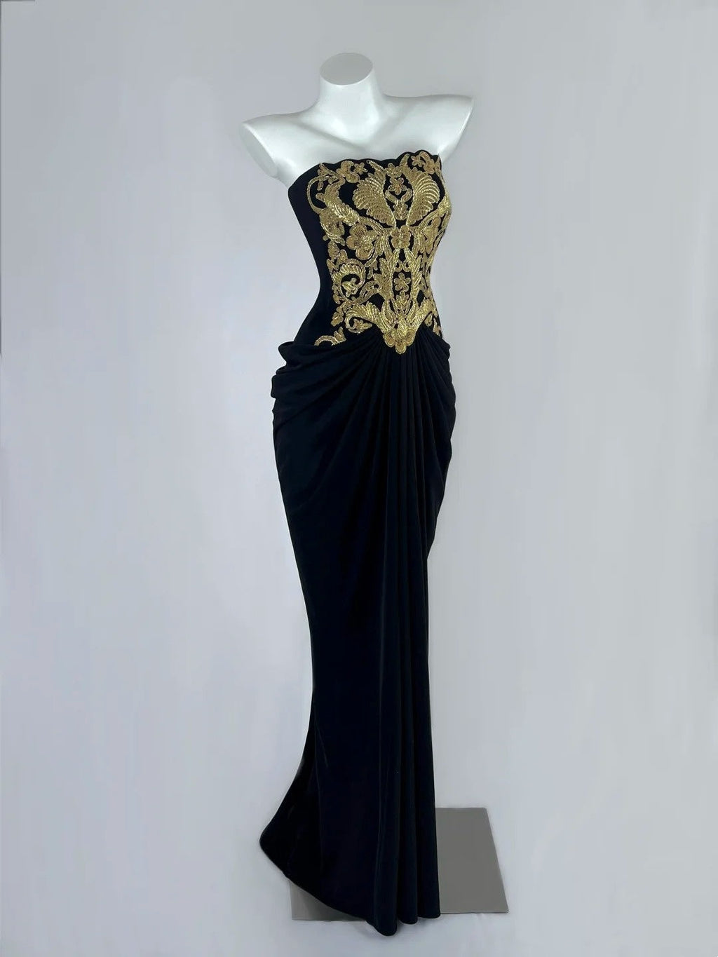 Fancy Strapless Black Prom Dress Ruched Appliques Sheath Evening Dress CY0043