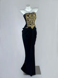 Fancy Strapless Black Prom Dress Ruched Appliques Sheath Evening Dress CY0043