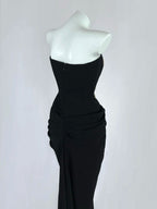 Fancy Strapless Black Prom Dress Ruched Appliques Sheath Evening Dress CY0043