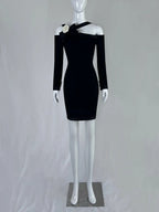 Playful Sheath Black Homecoming Dress Bow Floral Long Sleeve Short Dress CY0044