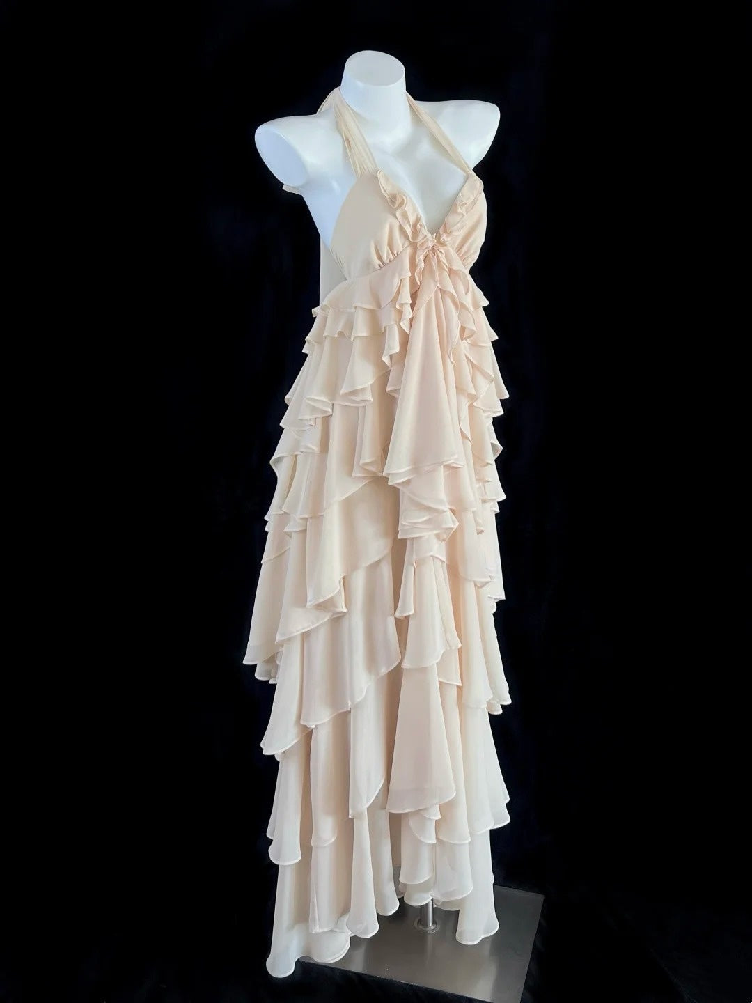 Graceful Apricot Ruffled Prom Dress Halter Neck Tiered A-Line Evening Dress CY0046