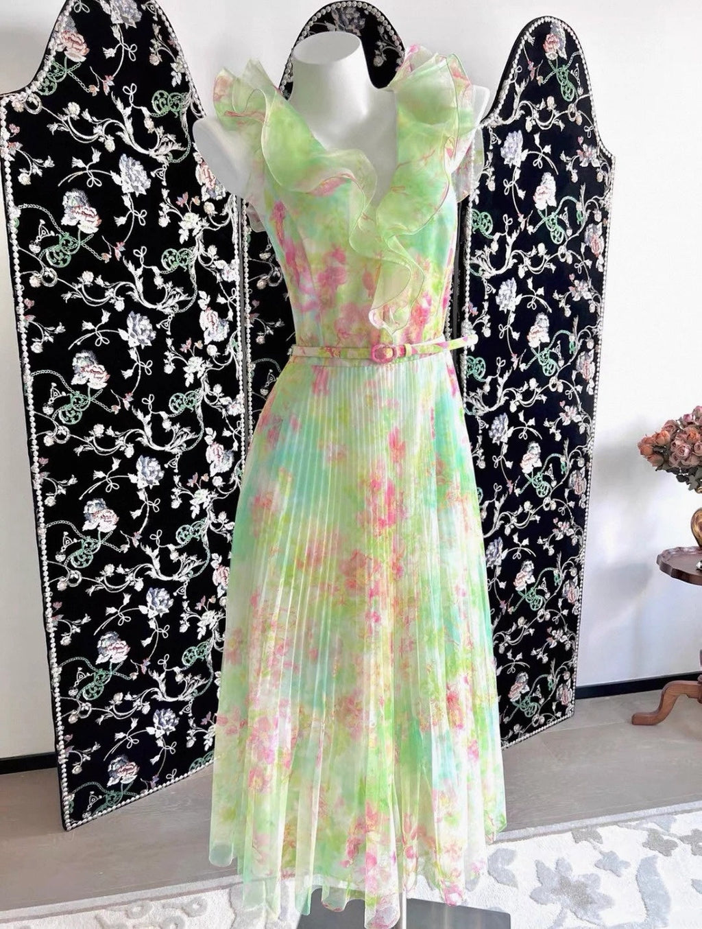 Fascinating Ruffled V Neck Floral Prom Dress With Belt Pleated A-Line Evening Dress CY0048