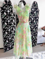 Fascinating Ruffled V Neck Floral Prom Dress With Belt Pleated A-Line Evening Dress CY0048