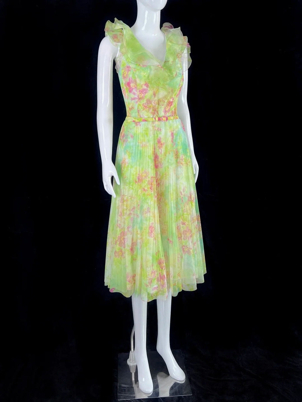 Fascinating Ruffled V Neck Floral Prom Dress With Belt Pleated A-Line Evening Dress CY0048