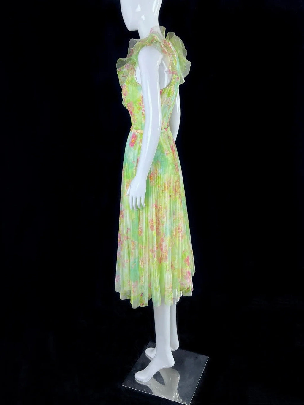Fascinating Ruffled V Neck Floral Prom Dress With Belt Pleated A-Line Evening Dress CY0048