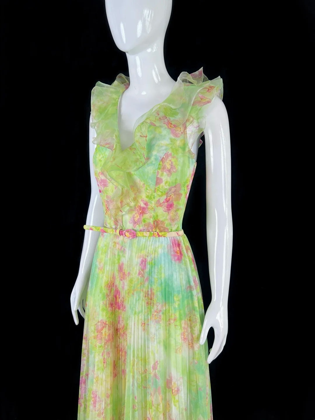 Fascinating Ruffled V Neck Floral Prom Dress With Belt Pleated A-Line Evening Dress CY0048