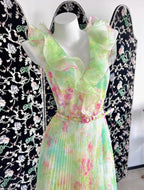 Fascinating Ruffled V Neck Floral Prom Dress With Belt Pleated A-Line Evening Dress CY0048