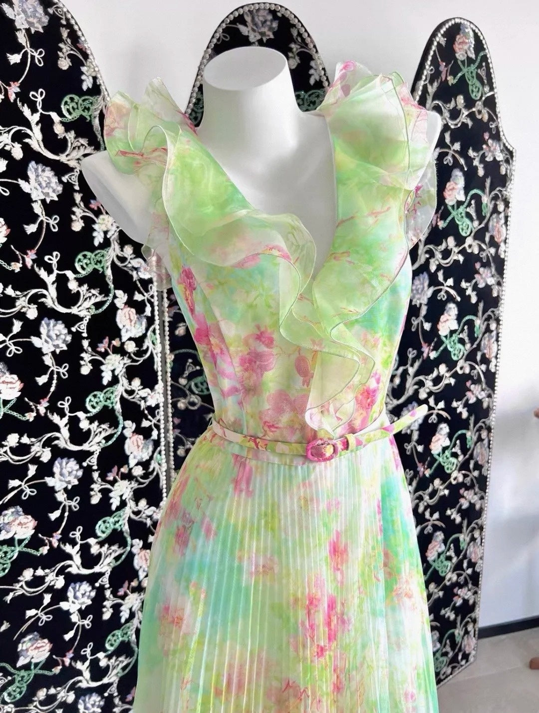 Fascinating Ruffled V Neck Floral Prom Dress With Belt Pleated A-Line Evening Dress CY0048