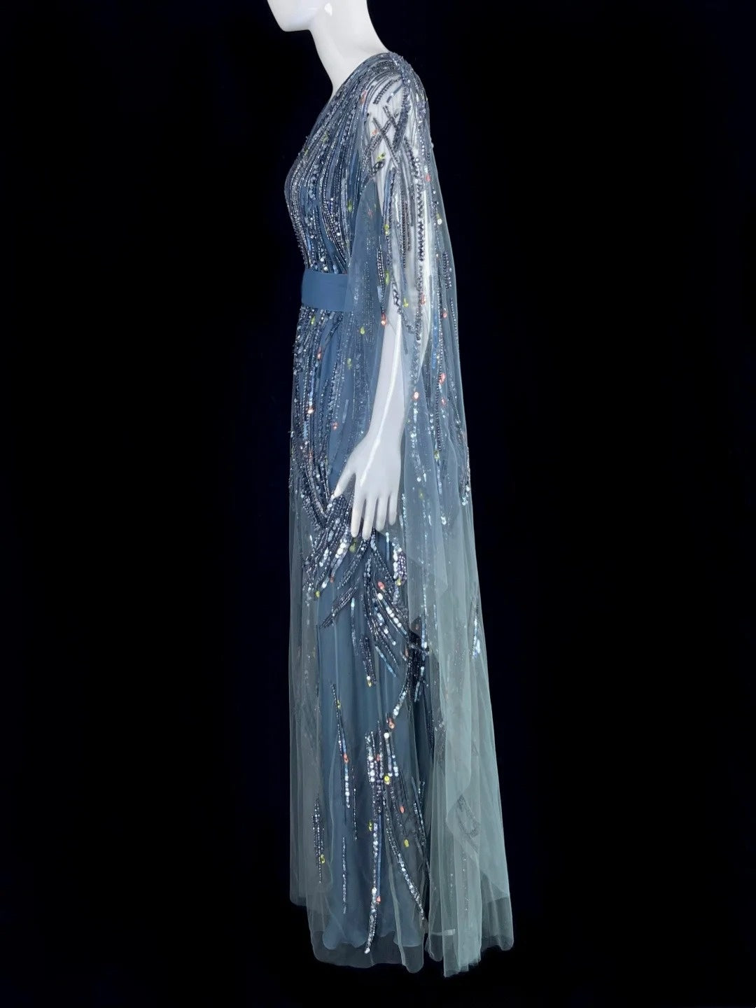 Sweet V Neck Long Sleeve Blue Prom Dress Sequins Tulle A-Line Evening Dress CY0055