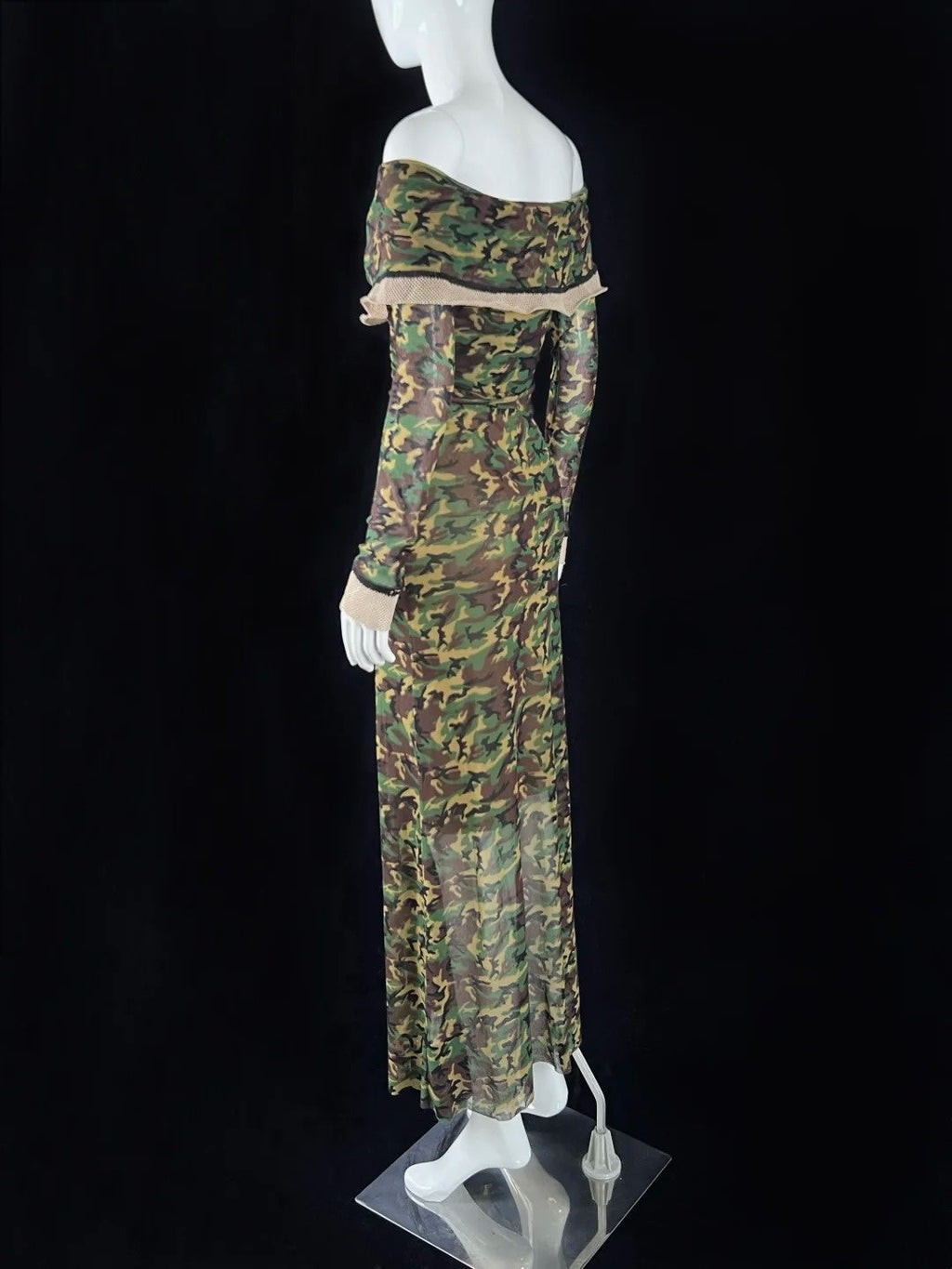 Vogue Off-the-Shoulder Camouflage Prom Dress Long Sleeve Sheath Evening Dress CY0059