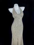 Refined Halter Neck Beige Prom Dress Sequins Mermaid Evening Dress CY0061