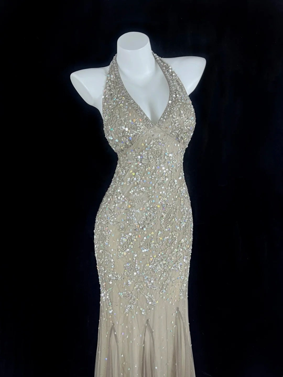 Refined Halter Neck Beige Prom Dress Sequins Mermaid Evening Dress CY0061
