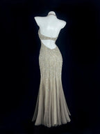 Refined Halter Neck Beige Prom Dress Sequins Mermaid Evening Dress CY0061