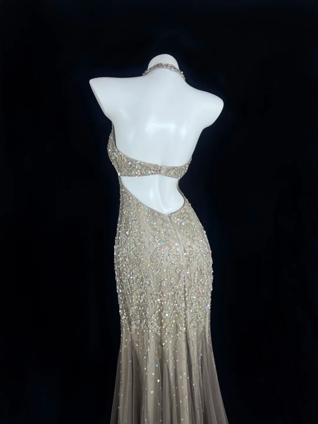 Refined Halter Neck Beige Prom Dress Sequins Mermaid Evening Dress CY0061