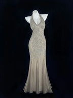 Refined Halter Neck Beige Prom Dress Sequins Mermaid Evening Dress CY0061