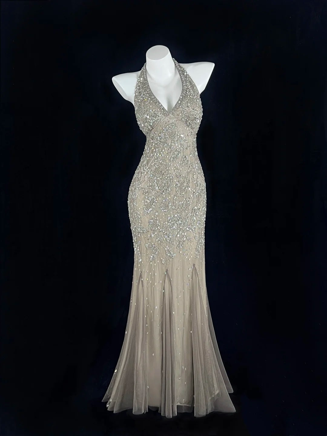 Refined Halter Neck Beige Prom Dress Sequins Mermaid Evening Dress CY0061