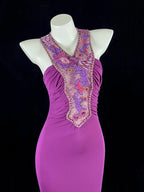 Enticing Halter Neck Purple Prom Dress Appliques Beads Mermaid Evening Dress CY0062