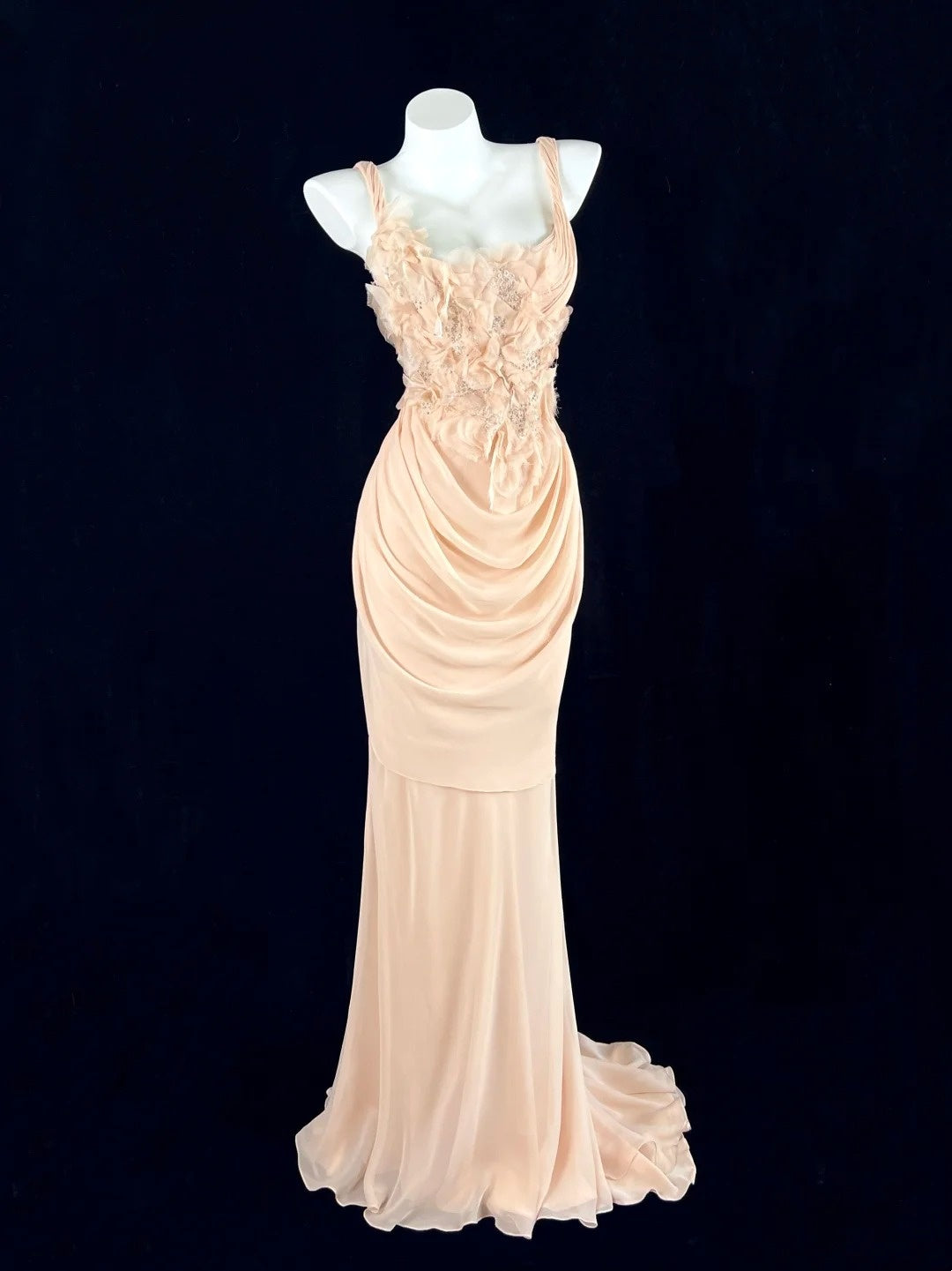 Brilliant Spaghetti Straps Apricot Prom Dress Sequins Ruffled Mermaid Evening Dress CY0071