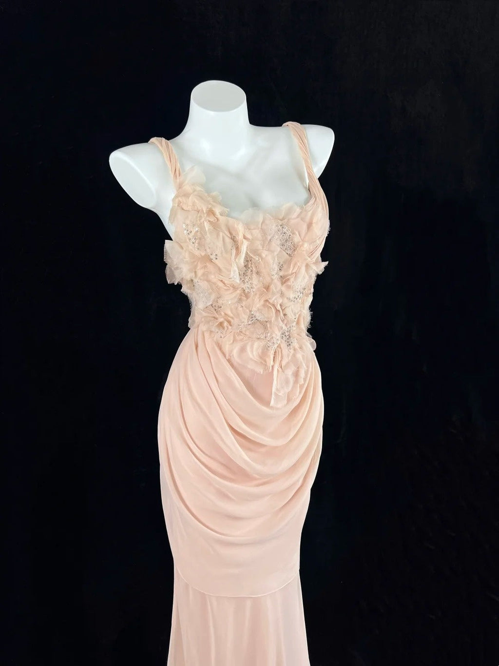 Brilliant Spaghetti Straps Apricot Prom Dress Sequins Ruffled Mermaid Evening Dress CY0071