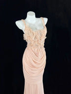 Brilliant Spaghetti Straps Apricot Prom Dress Sequins Ruffled Mermaid Evening Dress CY0071