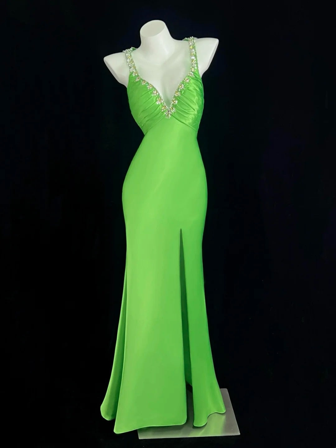 Luxury Spaghetti Straps Green Prom Dress Beading Slit Mermaid Evening Dress CY0078
