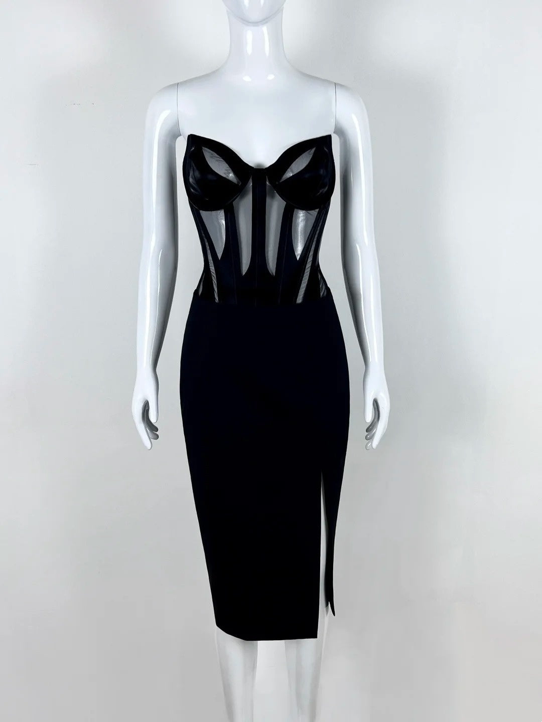 Sleek Strapless Black Homecoming Dress Slit Sheath Short Dress CY0083
