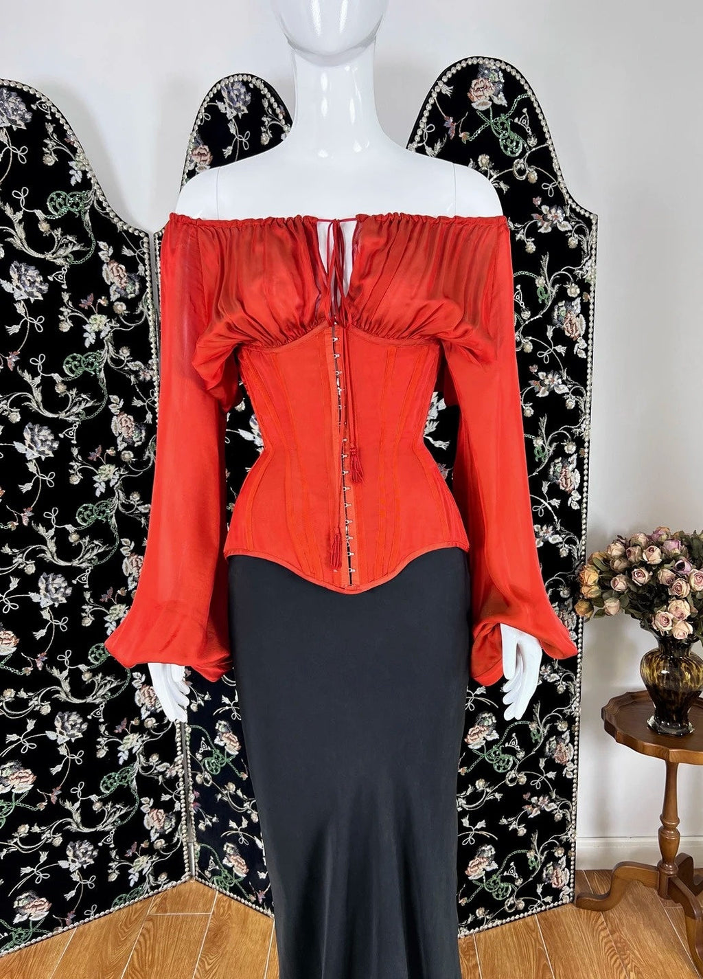 Lovely Off-the-Shoulder Red & Black Prom Dress Long Sleeve Mermaid Formal Dress CY0084