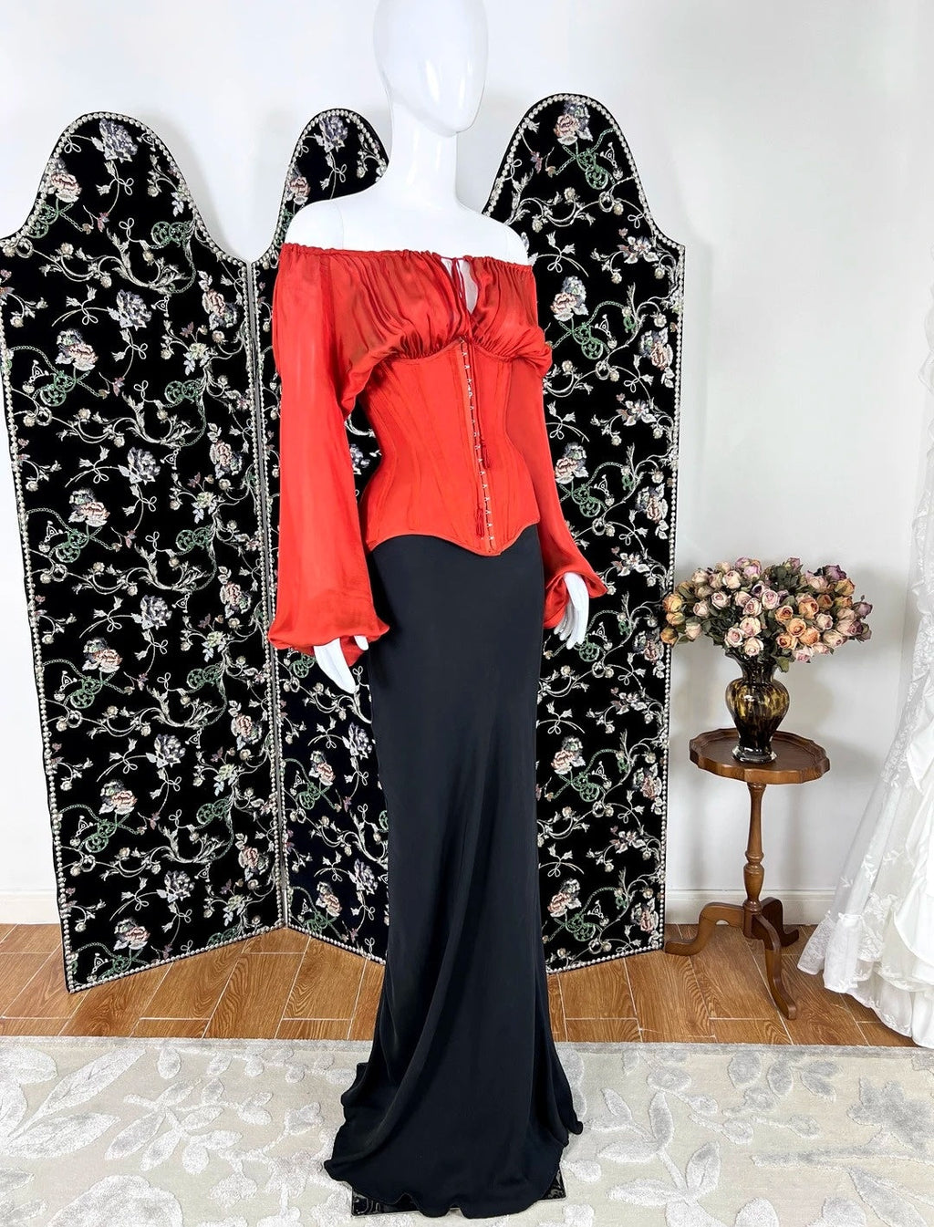 Lovely Off-the-Shoulder Red & Black Prom Dress Long Sleeve Mermaid Formal Dress CY0084
