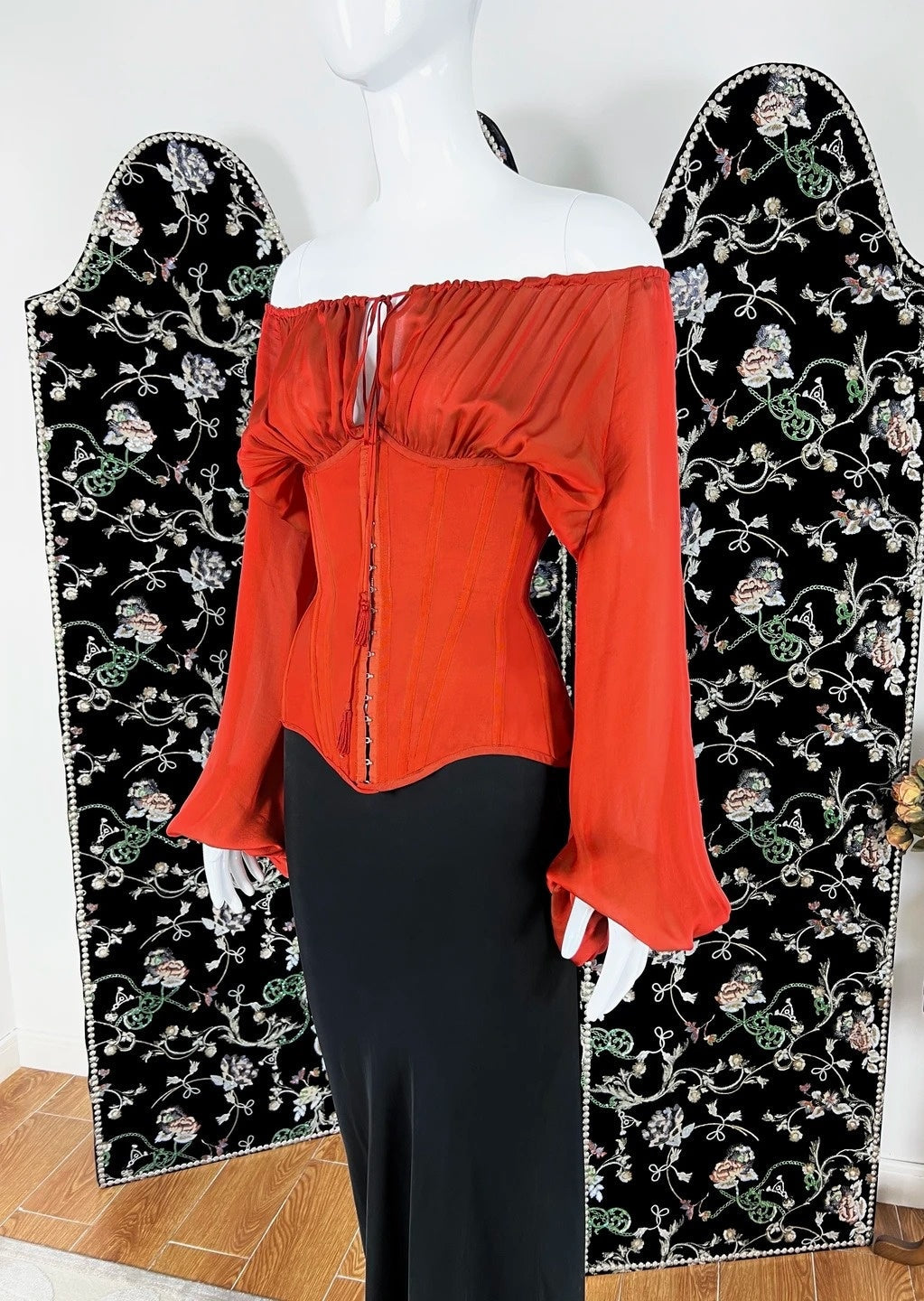 Lovely Off-the-Shoulder Red & Black Prom Dress Long Sleeve Mermaid Formal Dress CY0084