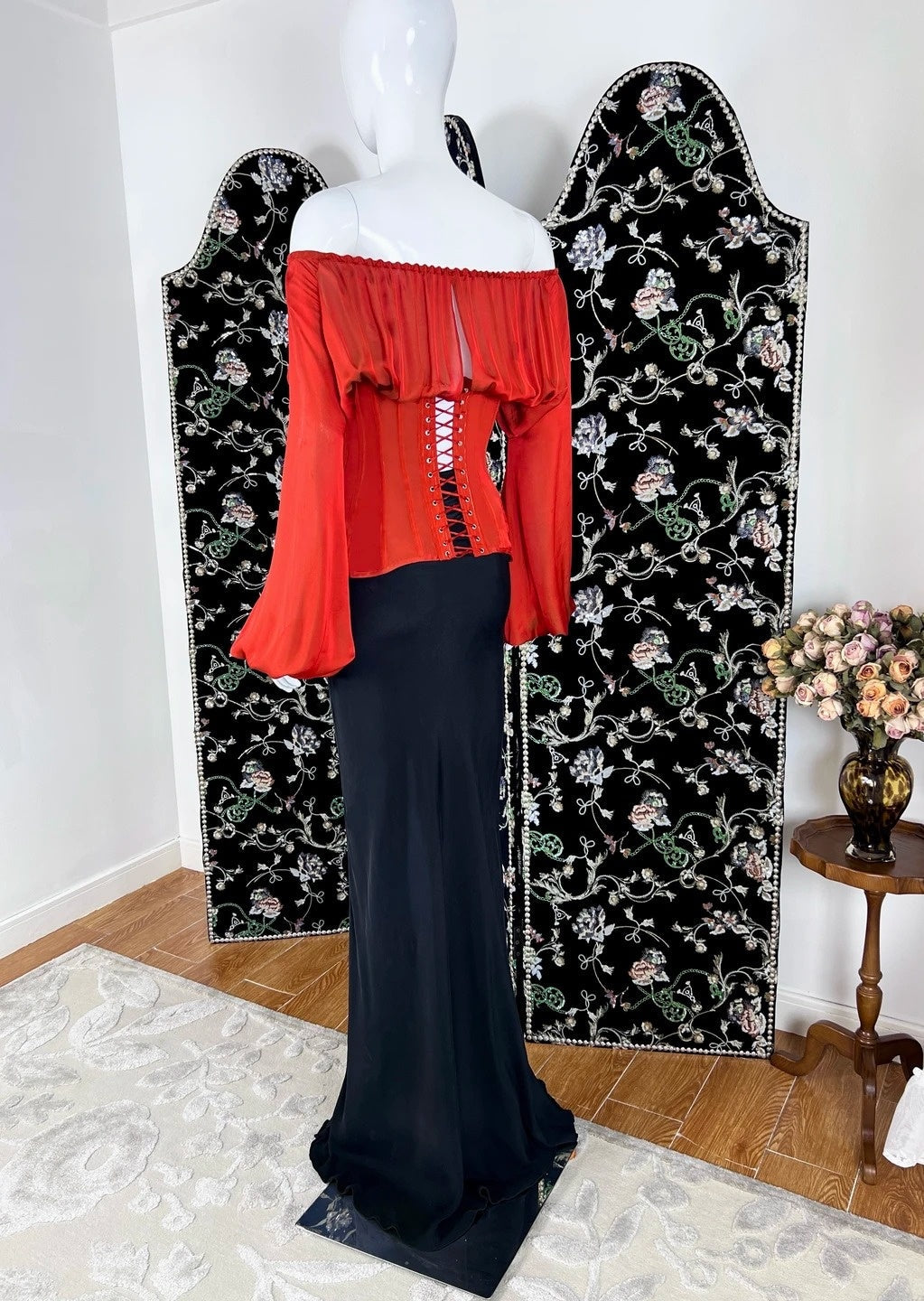 Lovely Off-the-Shoulder Red & Black Prom Dress Long Sleeve Mermaid Formal Dress CY0084