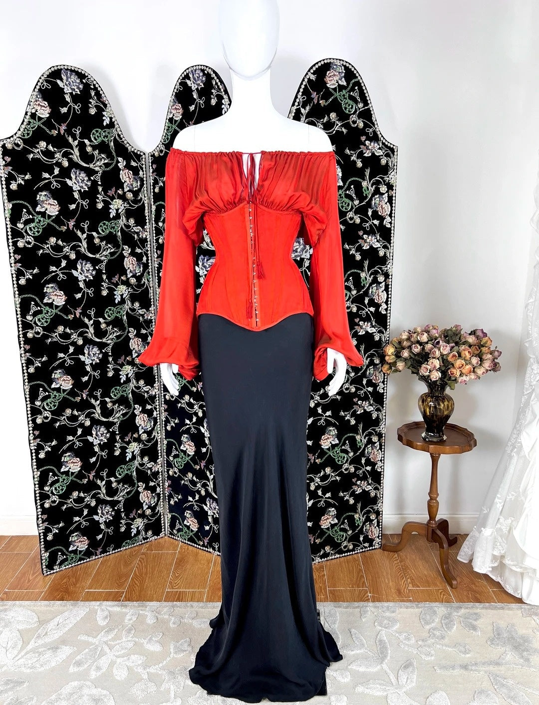 Lovely Off-the-Shoulder Red & Black Prom Dress Long Sleeve Mermaid Formal Dress CY0084