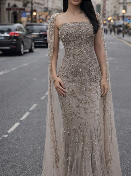 Gorgeous Strapless Gray Tulle Beaded Mermaid Long Party Dress Prom Gown SP1348