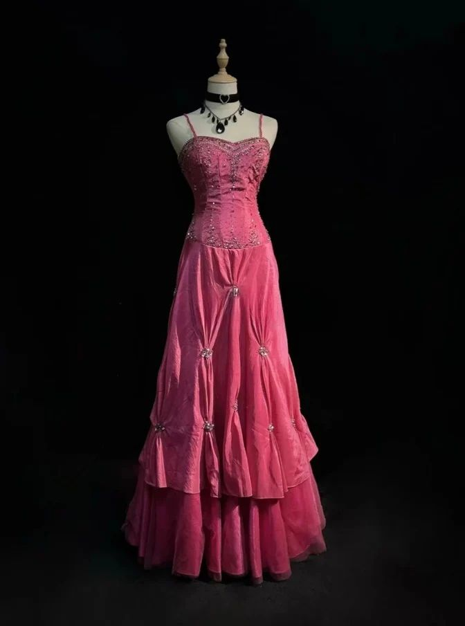 Charming Spaghetti Straps Pink Satin Beaded Mermaid Long Birthday Evening Dress Party Gown