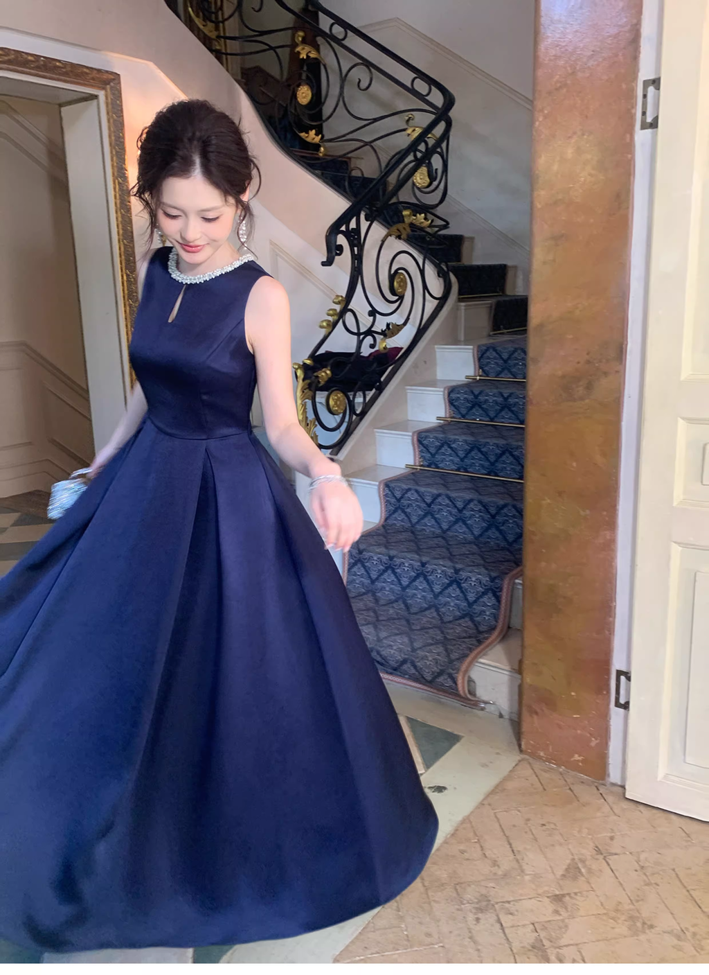 Stylish Sleeveless Navy Blue Satin Beaded A Line Long Birthday Dress Evening Gown SP1651