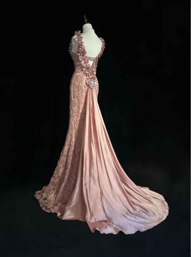 Pretty Pink V Neck Lace Mermaid Birthday Prom Dress Long evening Dress Party Gown