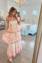 Modest Ball Gown Spaghetti Straps Pink Flowers Long Prom Dress D020
